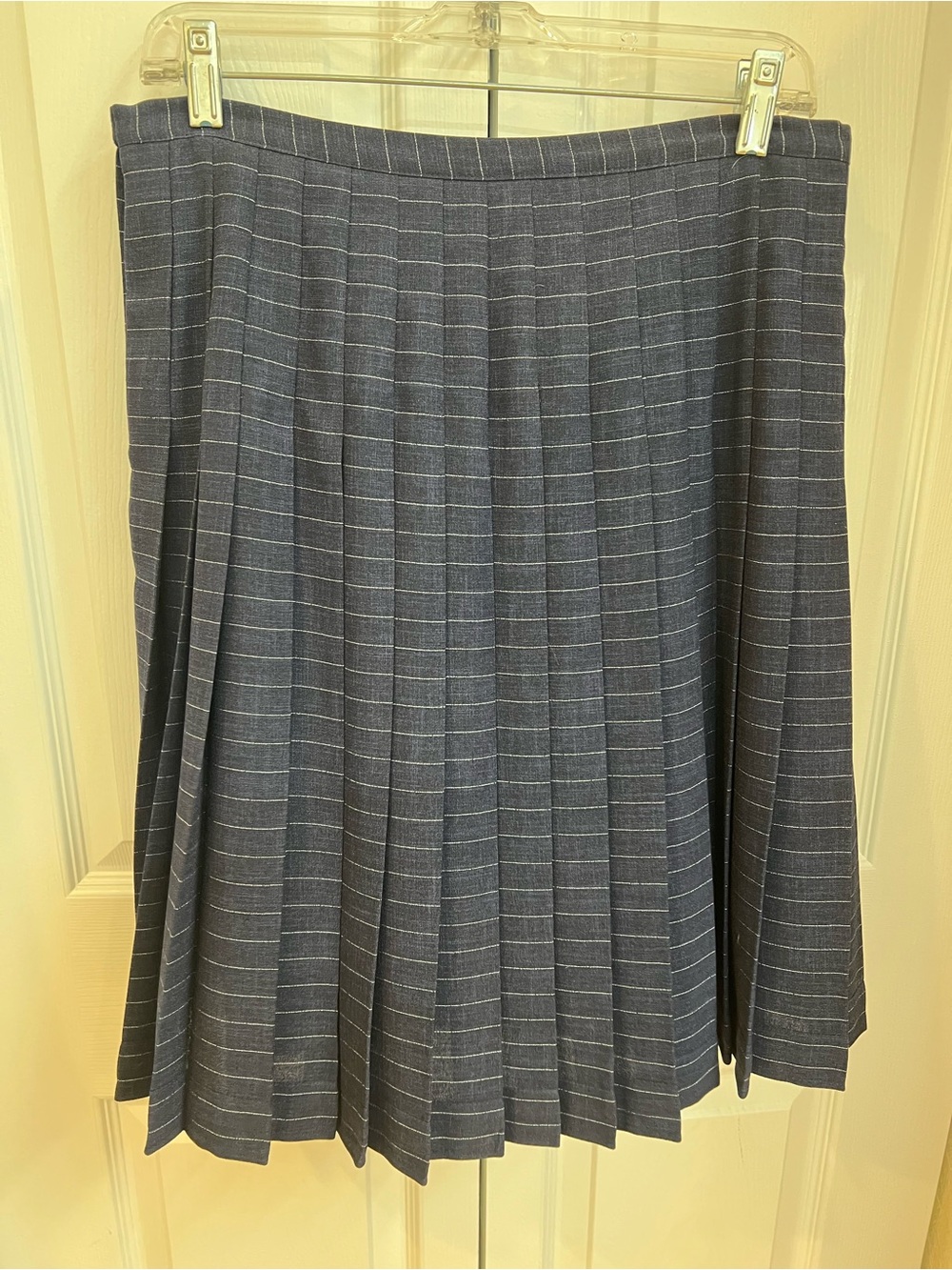 Pleated Navy Pinstripe A-Line Skirt